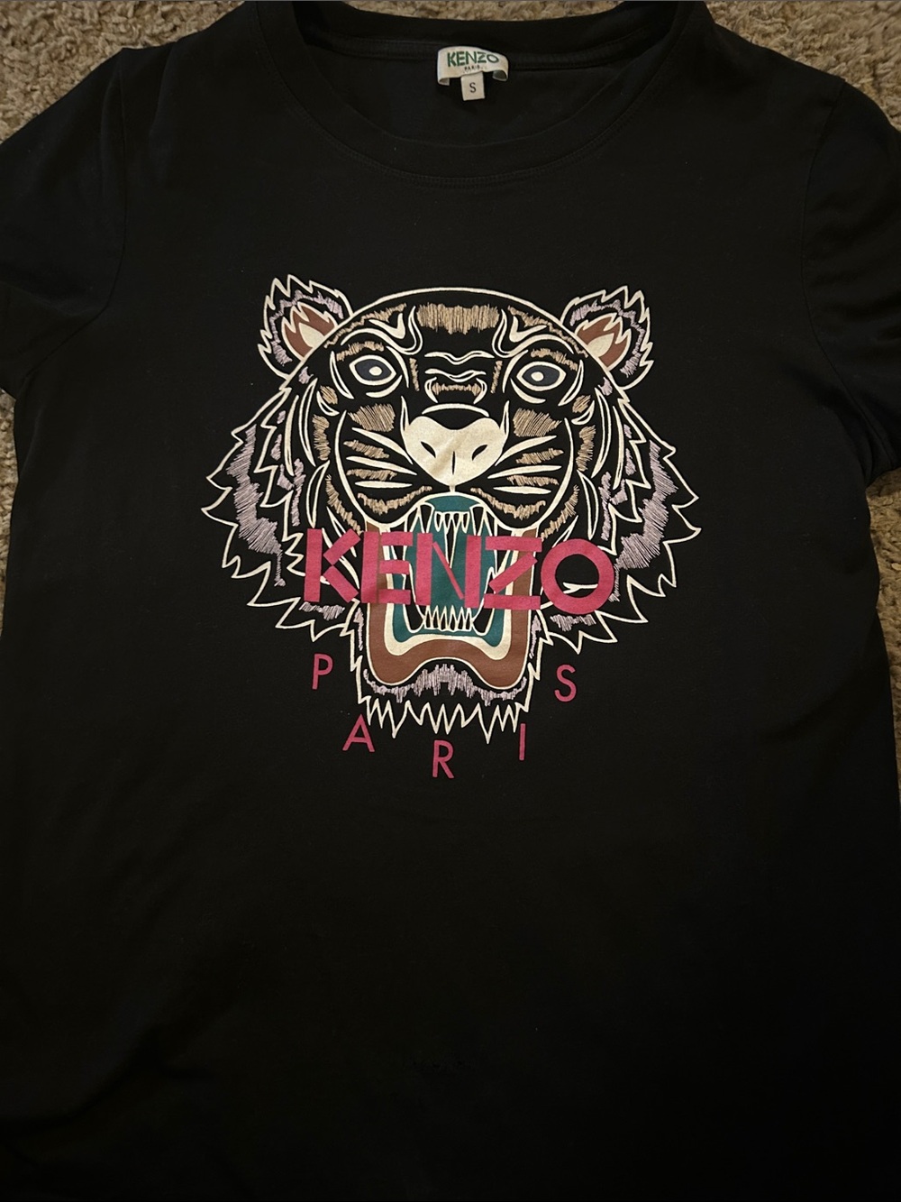 Kenzo Black Tee with Multicolor Embroidered Tiger and Pink Logo